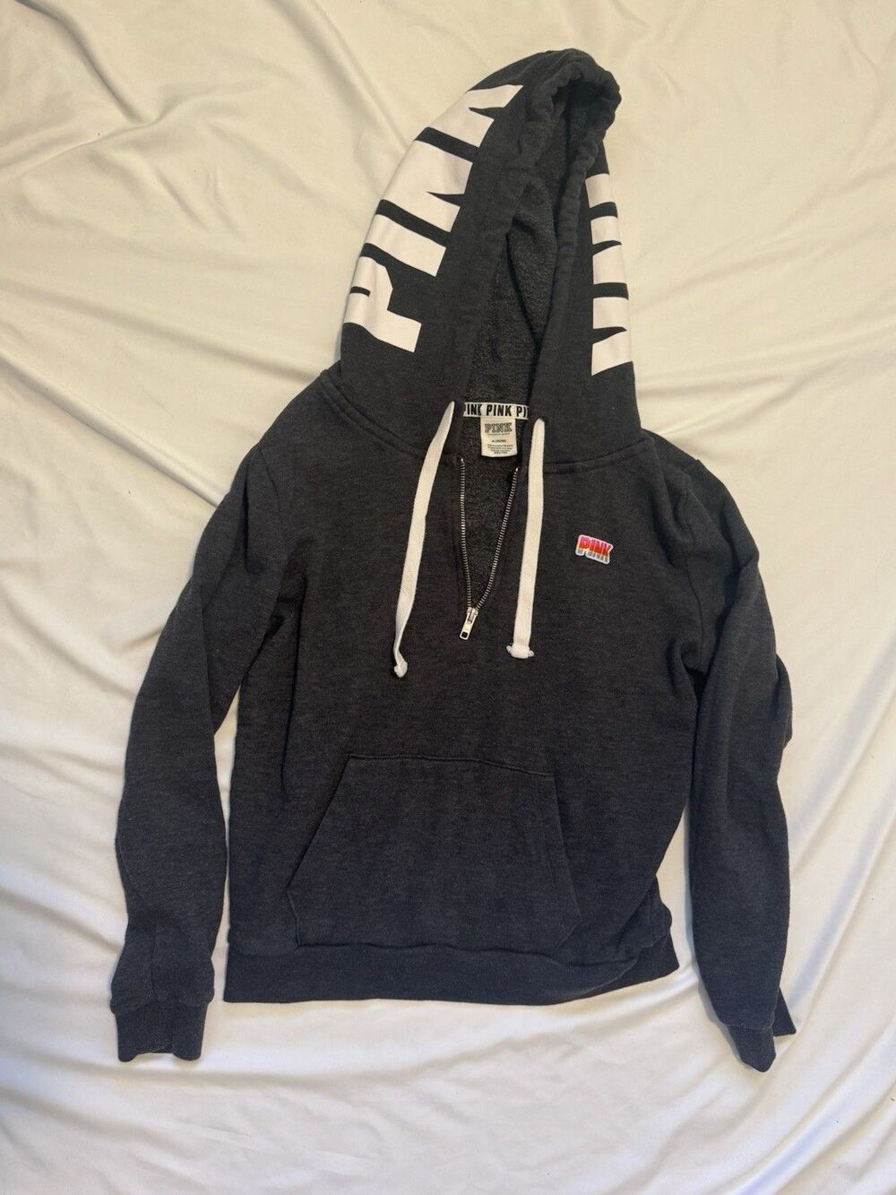Victoria's Secret PINK Half Zip Hoodie M Gray Sherpa Lined Hood Logo Pullover